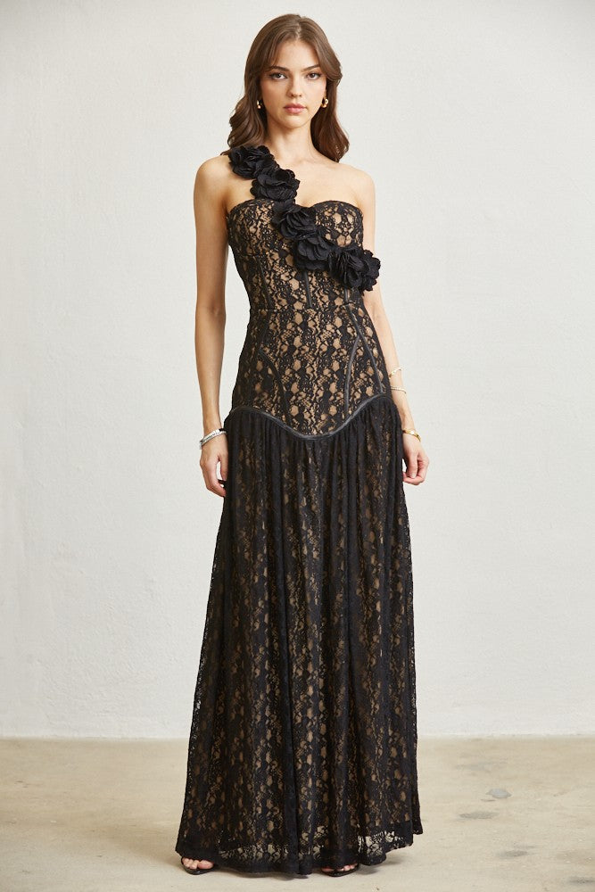 3D FLOWER LACE DROPWAIST MAXI DRESS (BLACK)