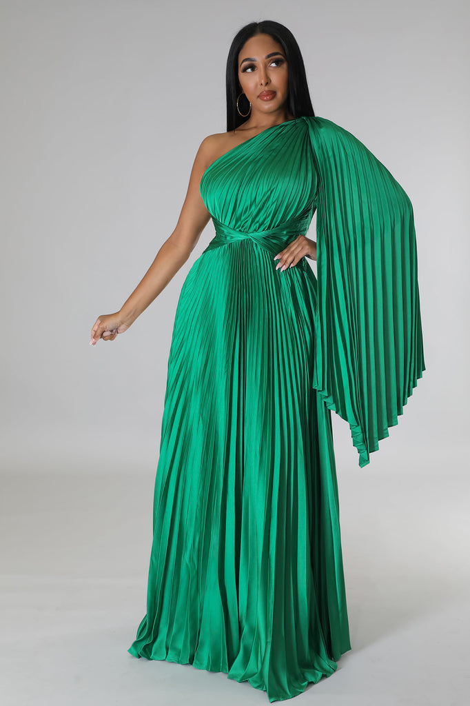 ONE SHOULDER PLEATED MAXI DRESS (KELLY GREEN)