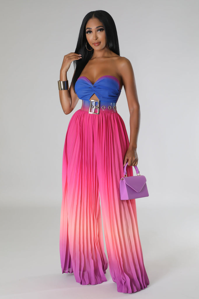 STRAPLESS CUTOUT OMBRE WIDE LEG PLEATED JUMPSUIT (FUCHSIA MULTI)