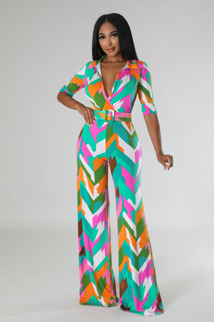 COLLAR SURPLICE NECKLINE WIDE LEG JUMPSUIT (MULTI)