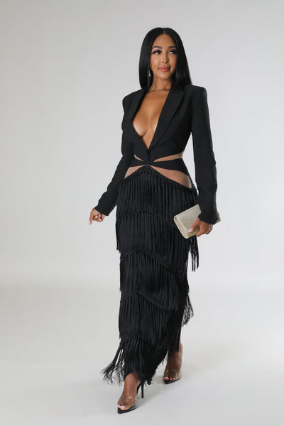 TASSEL-FRINGE MESH PANEL V-NECK MAXI DRESS (BLACK) – Dress Code