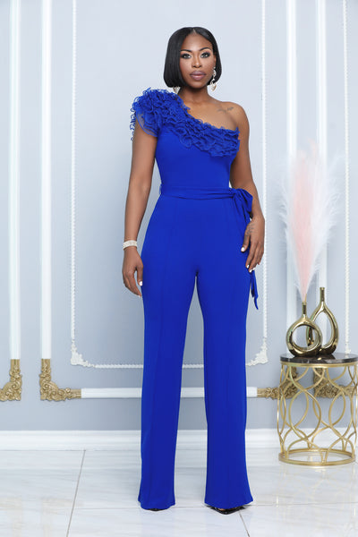 ONE SHOULDER RUFFLE LACE DETAILED FASHION JUMPSUIT (ROYAL BLUE) – Dress  Code Chic Official