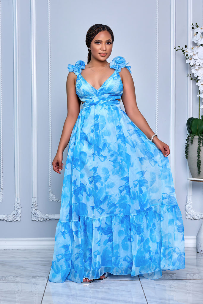 V-NECK RUFFLES TIE BACK TIERED MAXI DRESS (BLUE MULTI)