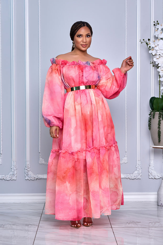 FLORAL PRINT OFF SHOULDER MAXI FLOWY DRESS (PINK)
