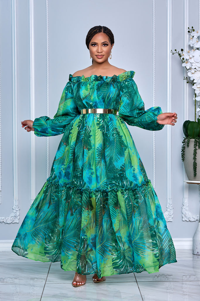 FLORAL PRINT OFF SHOULDER MAXI FLOWY DRESS (GREEN)