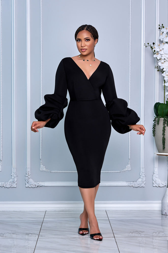 CHIC V-NECK MIDI DRESS WITH DRAMATIC PUFF SLEEVES (BLACK)