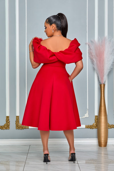 OFF SHOULDER BUBBLE RUFFLE DETAIL FIT-AND-FLARE MIDI DRESS (RED)