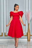 OFF SHOULDER BUBBLE RUFFLE DETAIL FIT-AND-FLARE MIDI DRESS (RED)