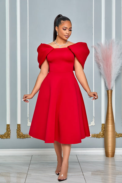 OFF SHOULDER BUBBLE RUFFLE DETAIL FIT-AND-FLARE MIDI DRESS (RED)