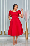 OFF SHOULDER BUBBLE RUFFLE DETAIL FIT-AND-FLARE MIDI DRESS (RED)