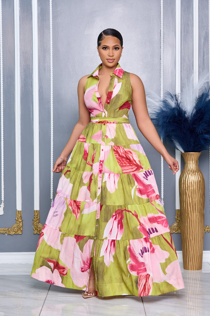 FLORAL PRINT SLEEVELESS BUTTON DOWN MAXI DRESS (LIME MULTI)