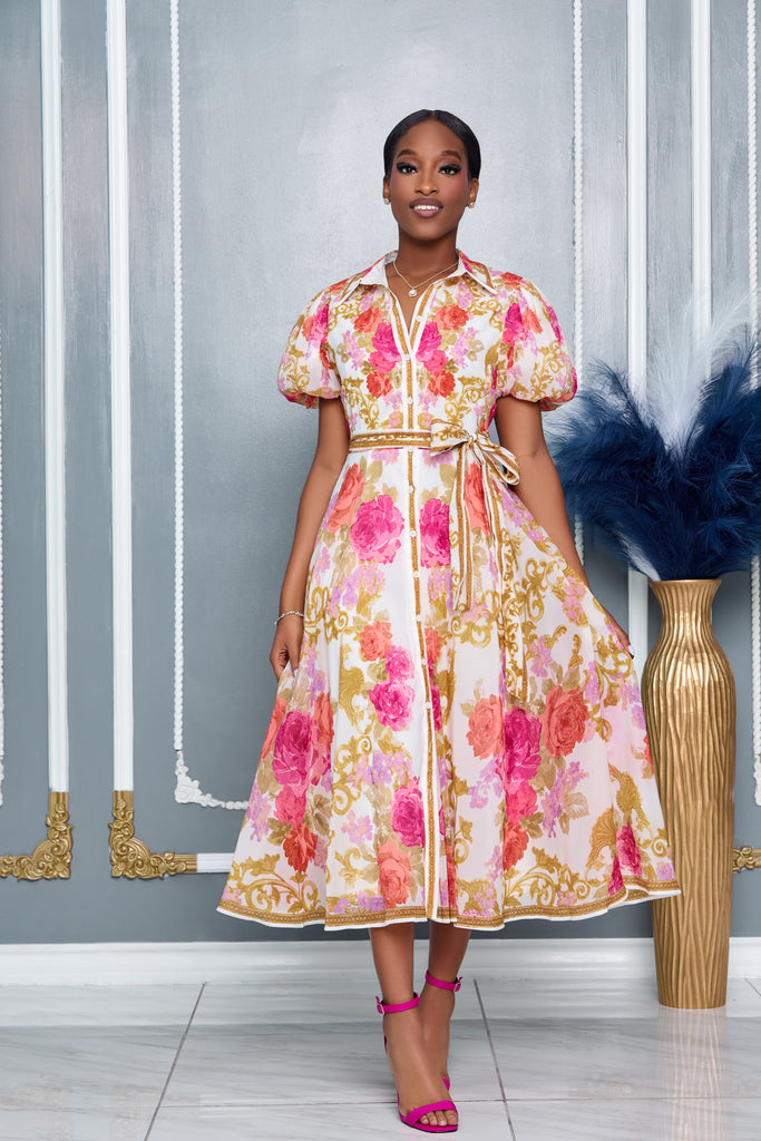 FLORAL BUTTON DOWN PUFF SHORT SLEEVE MIDI DRESS