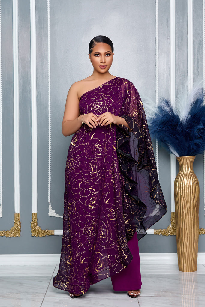 ELEGANCE CAPE ONE SHOULDER WIDE LEG JUMPSUIT (PURPLE MULTI)