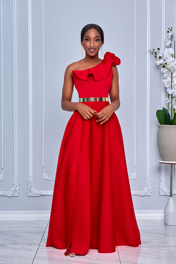 SINGLE SHOULDER 3D FLOWER DETAIL RUFFLE TRIM MAXI DRESS (RED)