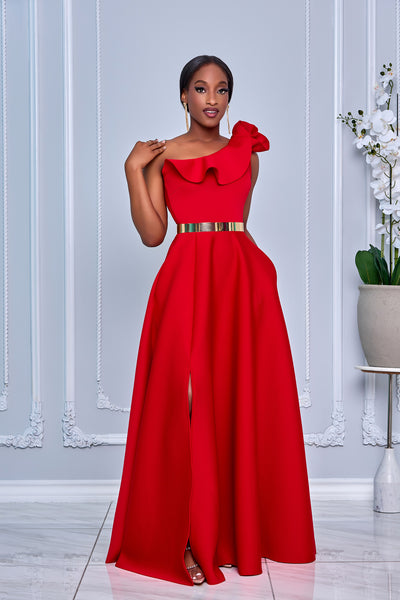 SINGLE SHOULDER 3D FLOWER DETAIL RUFFLE TRIM MAXI DRESS (RED