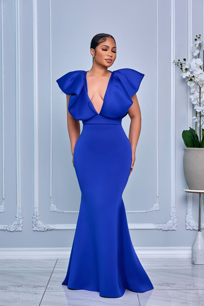 DRAMATIC SHOULDER DEEP V NECKLINE MERMAID MAXI DRESS (ROYAL BLUE)