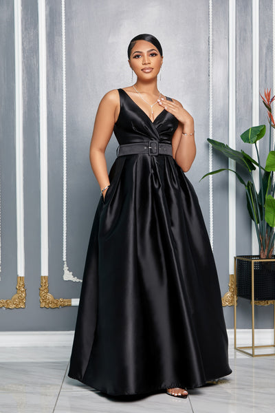 ELEGANCE V-NECK BELTED MAXI DRESS WITH POCKETS (BLACK) – Dress Code Chic Official