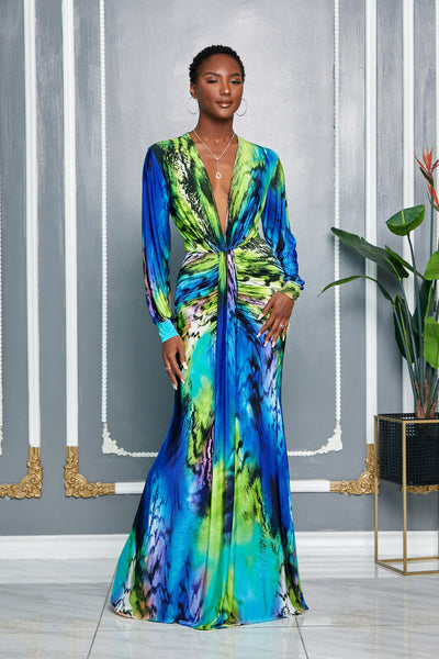 GREENL-BLUE MULTI LONG SLEEVES DEEP V-NECK MAXI DRESS – Dress Code Chic  Official