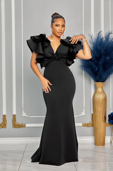FLUTTER SLEEVE DRAPED DETAIL MERMAID MAXI DRESS (BLACK) – Dress Code Chic Official