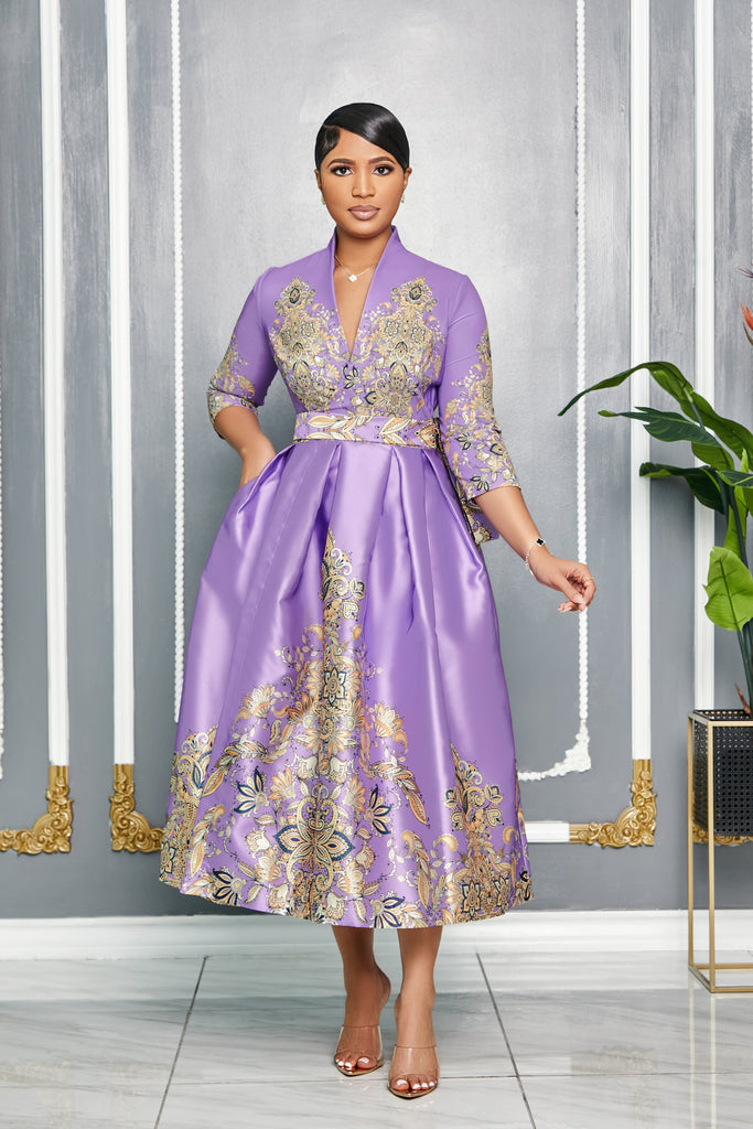 ELEGANT V-NECK 3/4 SLEEVE WRAP AROUND DRESS (LAVENDER)