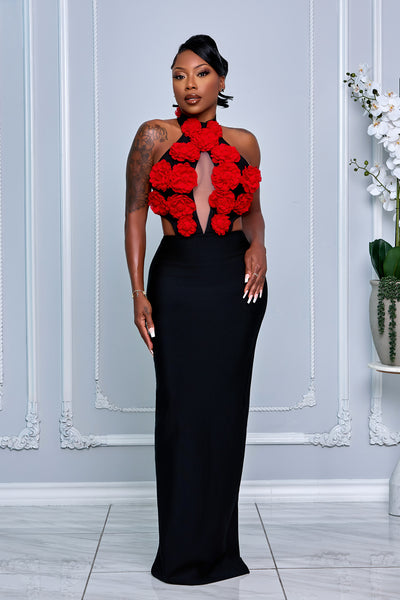 3d flower dress Oh L L Design Maxi in Black & Cream Black & Cream / XS Flowing black and cream design White 3D Floral Embroidery Lace