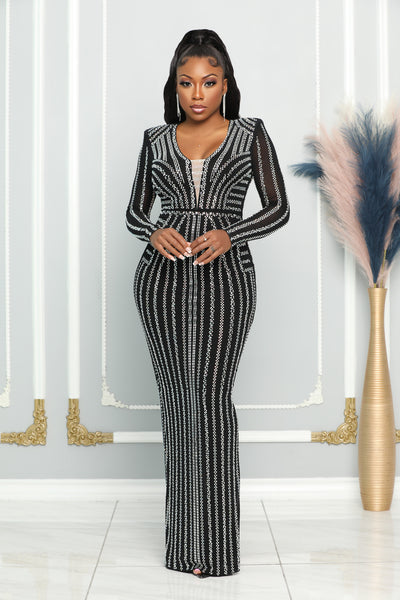 ELEGANCE BLACK SILVER RHINESTONES MAXI DRESS (BLACK) – Dress Code Chic  Official