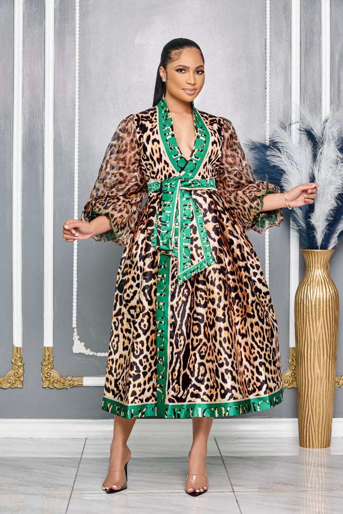 LEOPARD PRINT WRAP AROUND FLARE DRESS WITH PUFFY SLEEVES