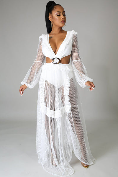 HONEYCOMB MESH LONG SLEEVE WITH BODYSUIT DRESS (WHITE) – Dress