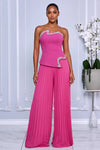 STRAPLESS CRYSTAL TRIM TOP & PLEATED PANTS SET (HOT PINK)