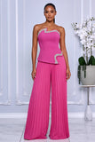 STRAPLESS CRYSTAL TRIM TOP & PLEATED PANTS SET (HOT PINK)
