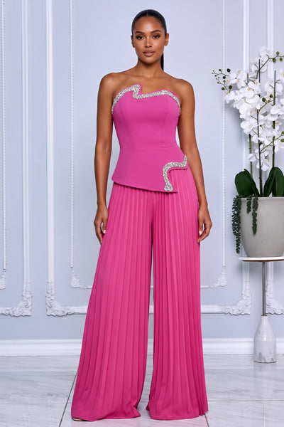 STRAPLESS CRYSTAL TRIM TOP & PLEATED PANTS SET (HOT PINK)