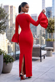 RHINESTONE COLLAR BELL SLEEVES BANDAGE MAXI DRESS (RED)