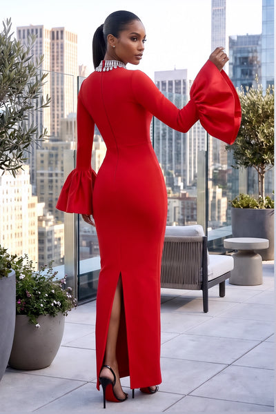 RHINESTONE COLLAR BELL SLEEVES BANDAGE MAXI DRESS (RED)