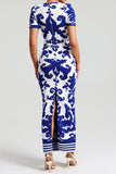 ROUND NECK SHORT SLEEVES JACQUARD BANDAGE MAXI DRESS