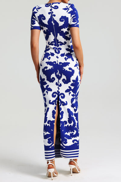 ROUND NECK SHORT SLEEVES JACQUARD BANDAGE MAXI DRESS