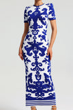 ROUND NECK SHORT SLEEVES JACQUARD BANDAGE MAXI DRESS