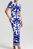 ROUND NECK SHORT SLEEVES JACQUARD BANDAGE MAXI DRESS