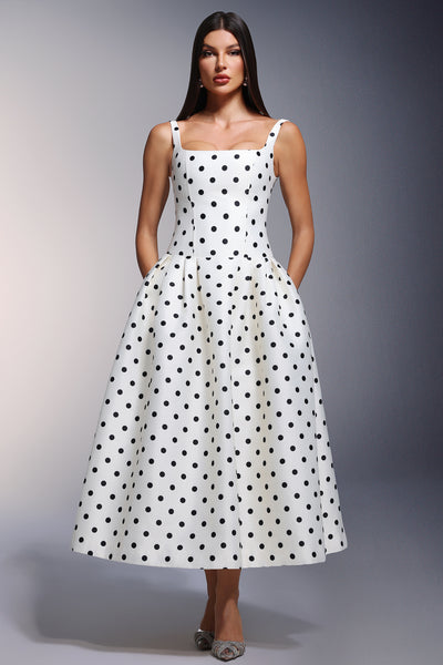 PARIS TAILORED SQUARE NECKLINE POLKA DOT DRESS