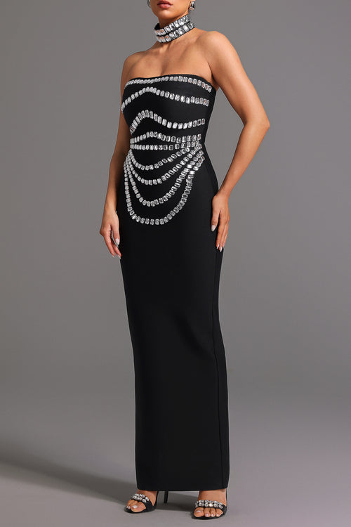 DIAMOND STRAPLESS BANDAGE MAXI DRESS WITH CHOCKER (BLACK)