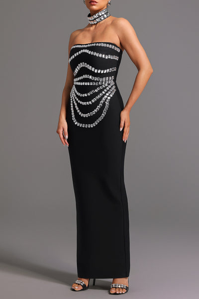 DIAMOND STRAPLESS BANDAGE MAXI DRESS WITH CHOCKER (BLACK)