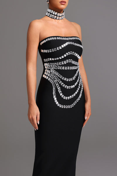 DIAMOND STRAPLESS BANDAGE MAXI DRESS WITH CHOCKER (BLACK)
