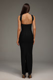 PEARL AND CRYATL DETAIL HALTER NECK BANDAGE  MAXI DRESS (BLACK)