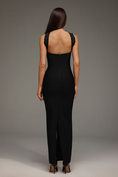 PEARL AND CRYATL DETAIL HALTER NECK BANDAGE  MAXI DRESS (BLACK)
