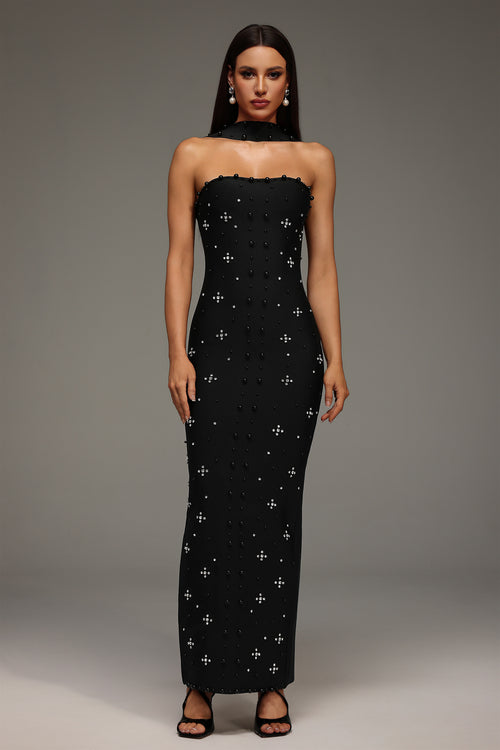 PEARL AND CRYATL DETAIL HALTER NECK BANDAGE  MAXI DRESS (BLACK)