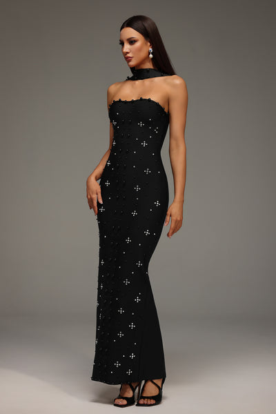 PEARL AND CRYATL DETAIL HALTER NECK BANDAGE  MAXI DRESS (BLACK)