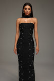 PEARL AND CRYATL DETAIL HALTER NECK BANDAGE  MAXI DRESS (BLACK)