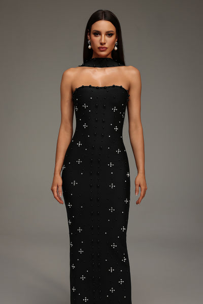 PEARL AND CRYATL DETAIL HALTER NECK BANDAGE  MAXI DRESS (BLACK)