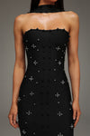 PEARL AND CRYATL DETAIL HALTER NECK BANDAGE  MAXI DRESS (BLACK)