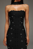 PEARL AND CRYATL DETAIL HALTER NECK BANDAGE  MAXI DRESS (BLACK)