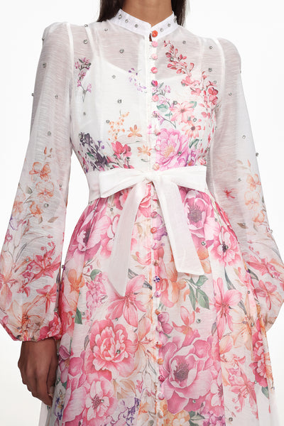 RHINESTONE EMBELLISHED LONG SLEEVES PRINT WOVEN MAXI DRESS (WHITE)